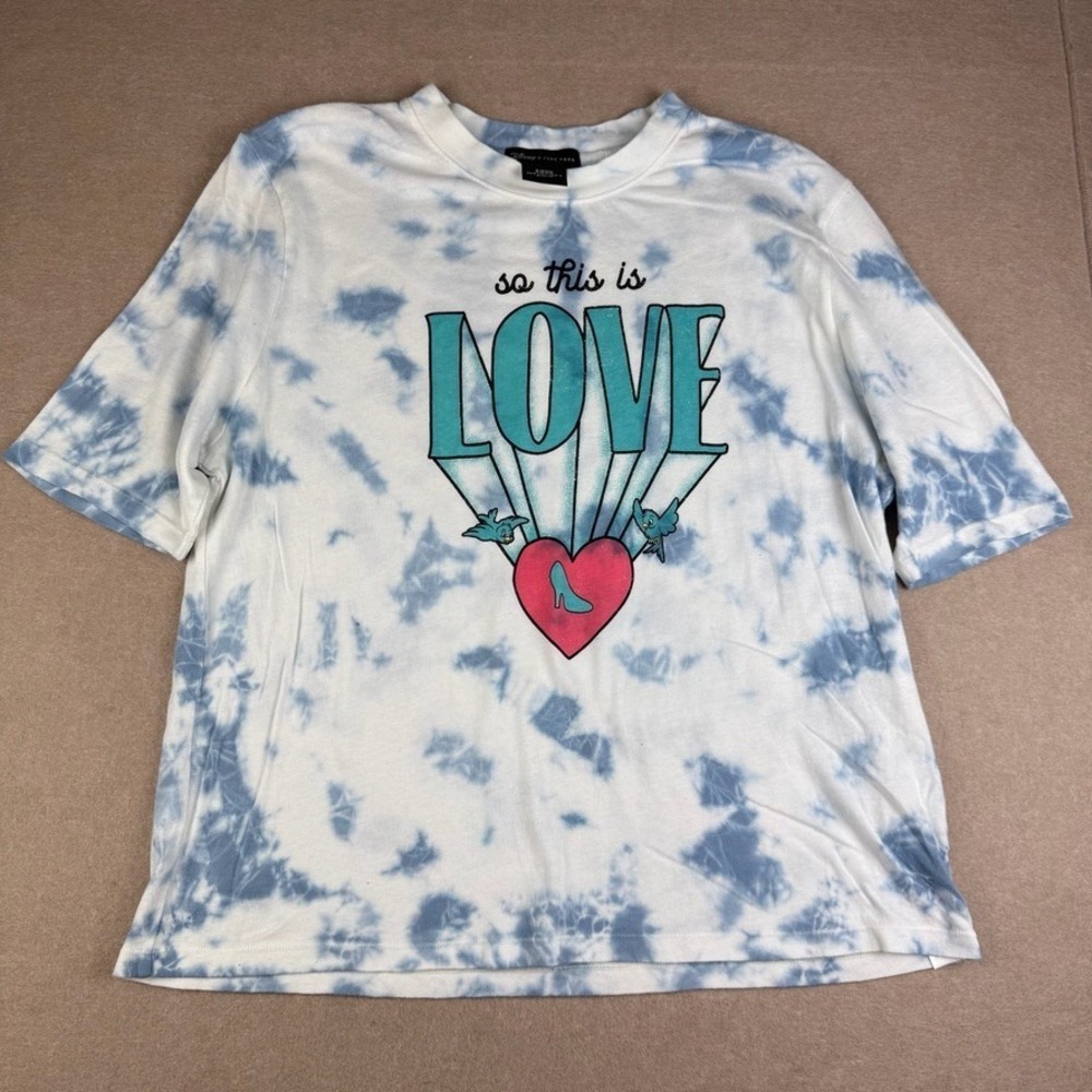 Disney Love Heart Graphic Tee Women's XXL Blue White Tie Dye Casual Cute Shirt